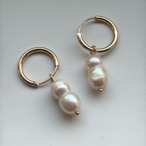 Men’s Twin Pearl Gold Hoop Earrings Genuine Cultured Double Pearl Drop Hoops New